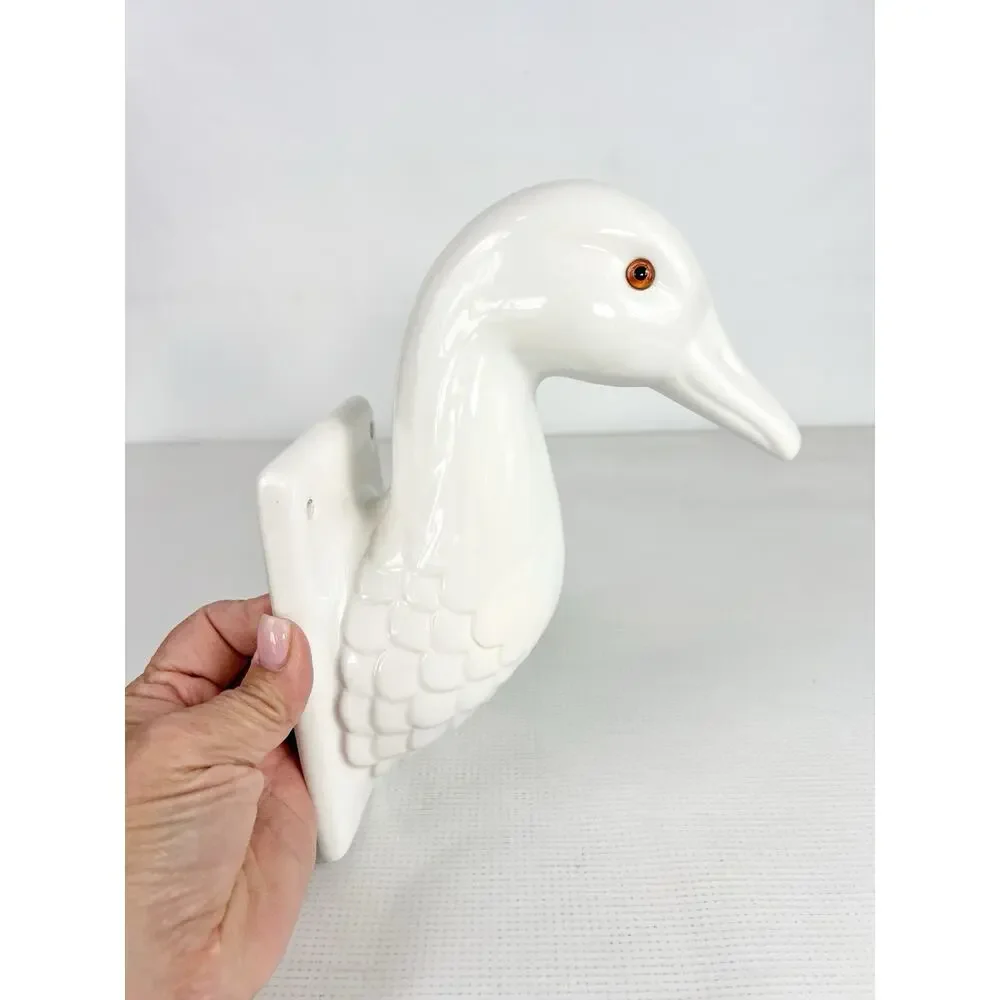White Ceramic Goose Duck Head Wall Mount Hook Apron Towel Holder Farmhouse READ